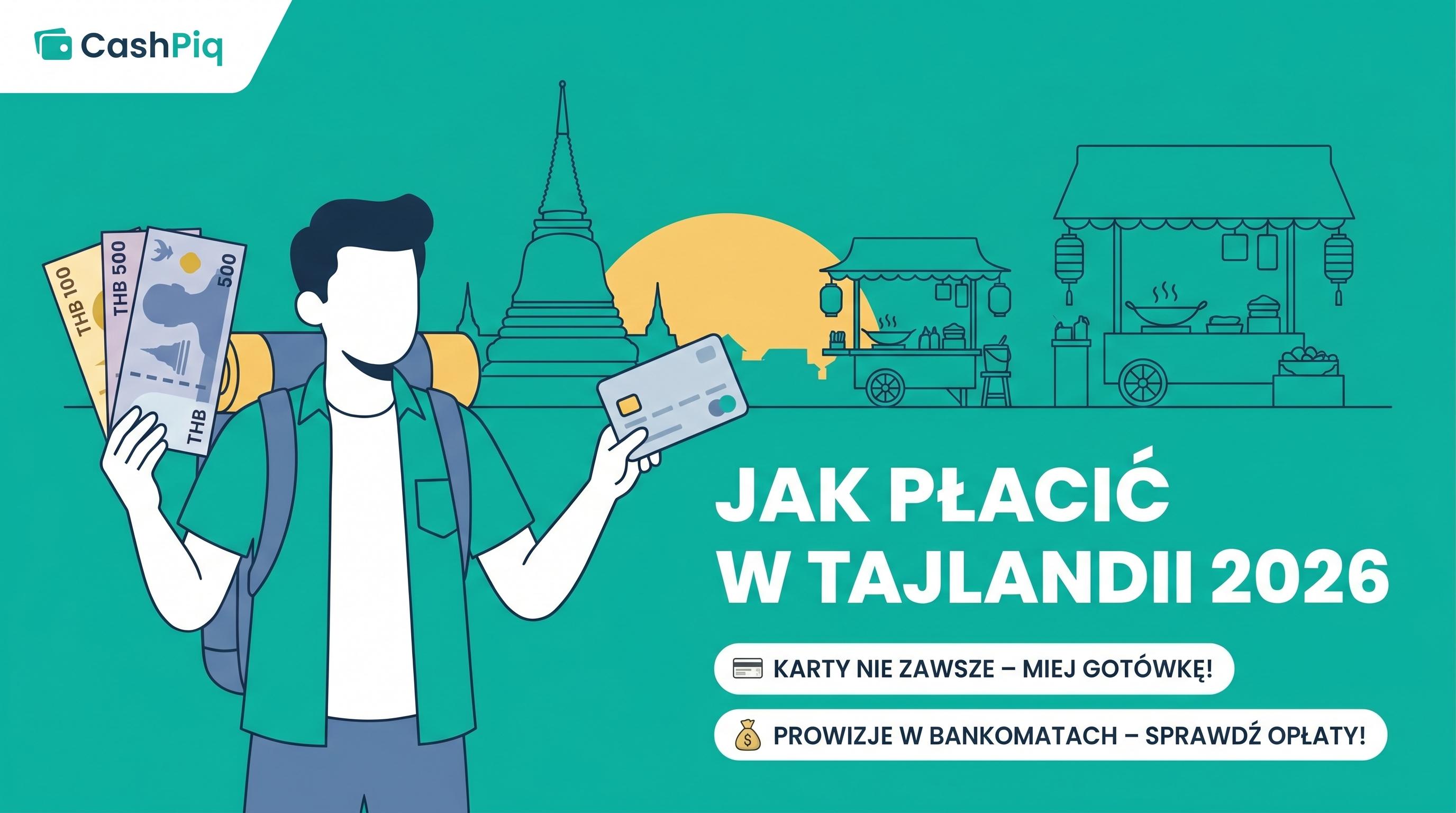 Tajlandia — świątynia, bat tajski (THB) i karta płatnicza przy straganach.