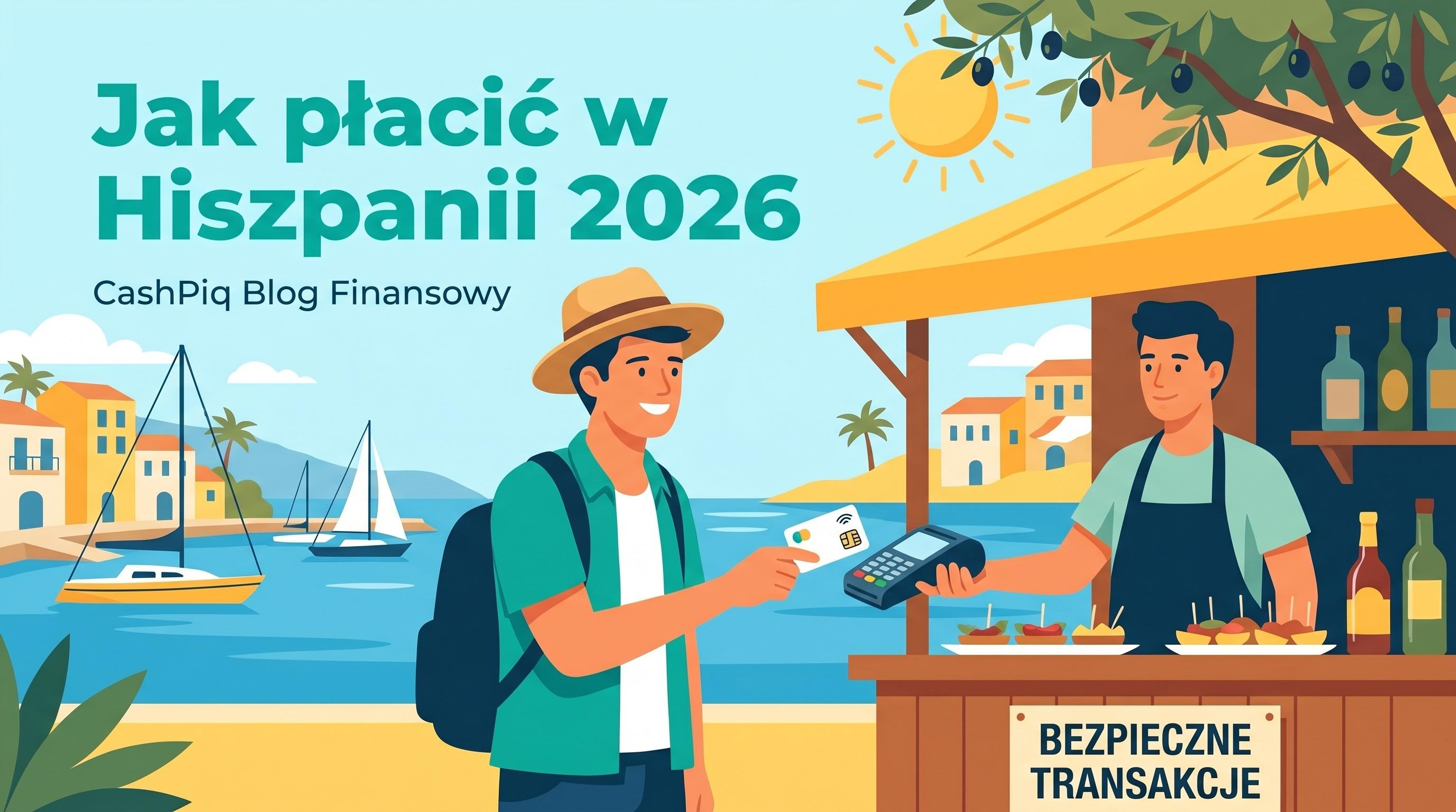 Hiszpania — śródziemnomorski port lub tapas bar, karta euro i zbliżeniowa płatność.
