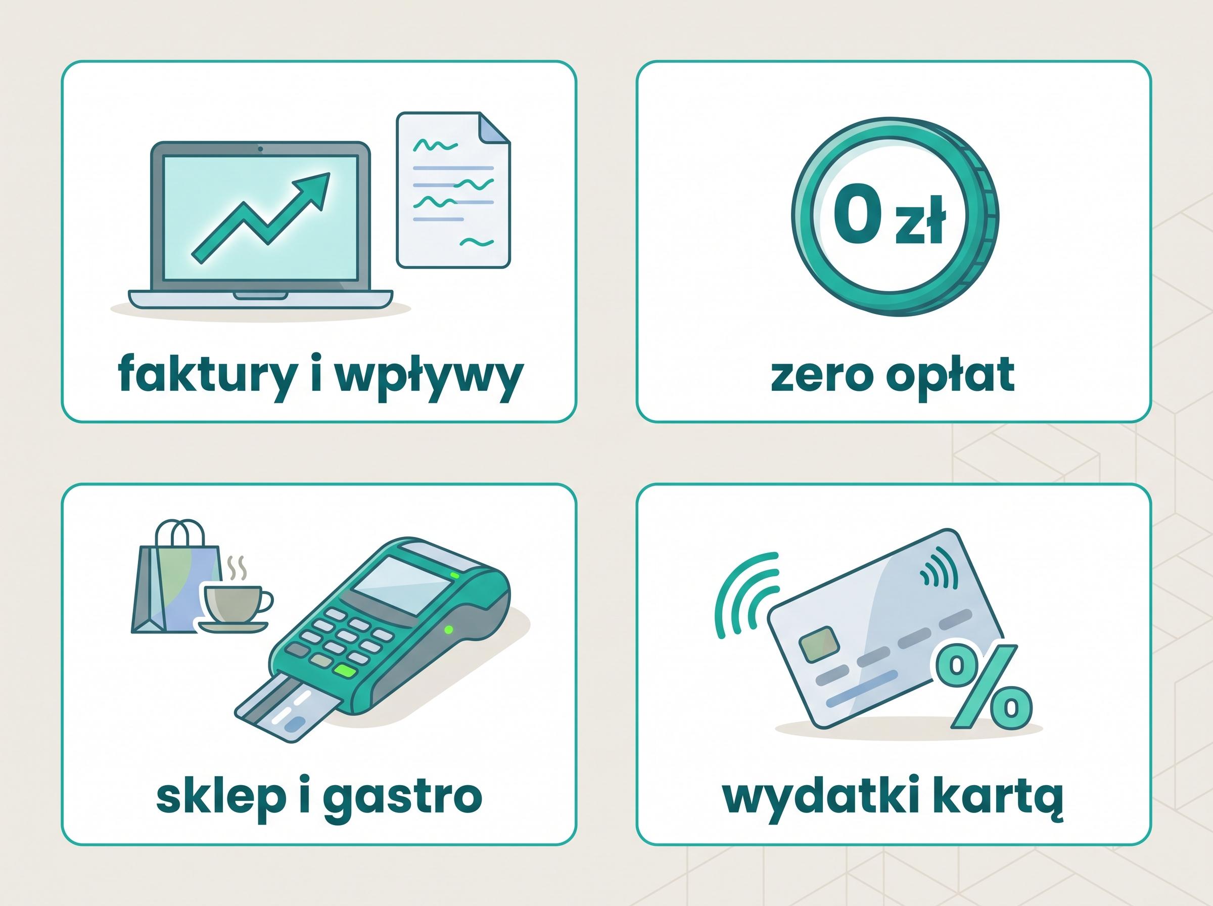 Cztery profile działalności i dopasowane typy ofert: faktury i wpływy, zero opłat, terminal stacjonarny, wydatki kartą.