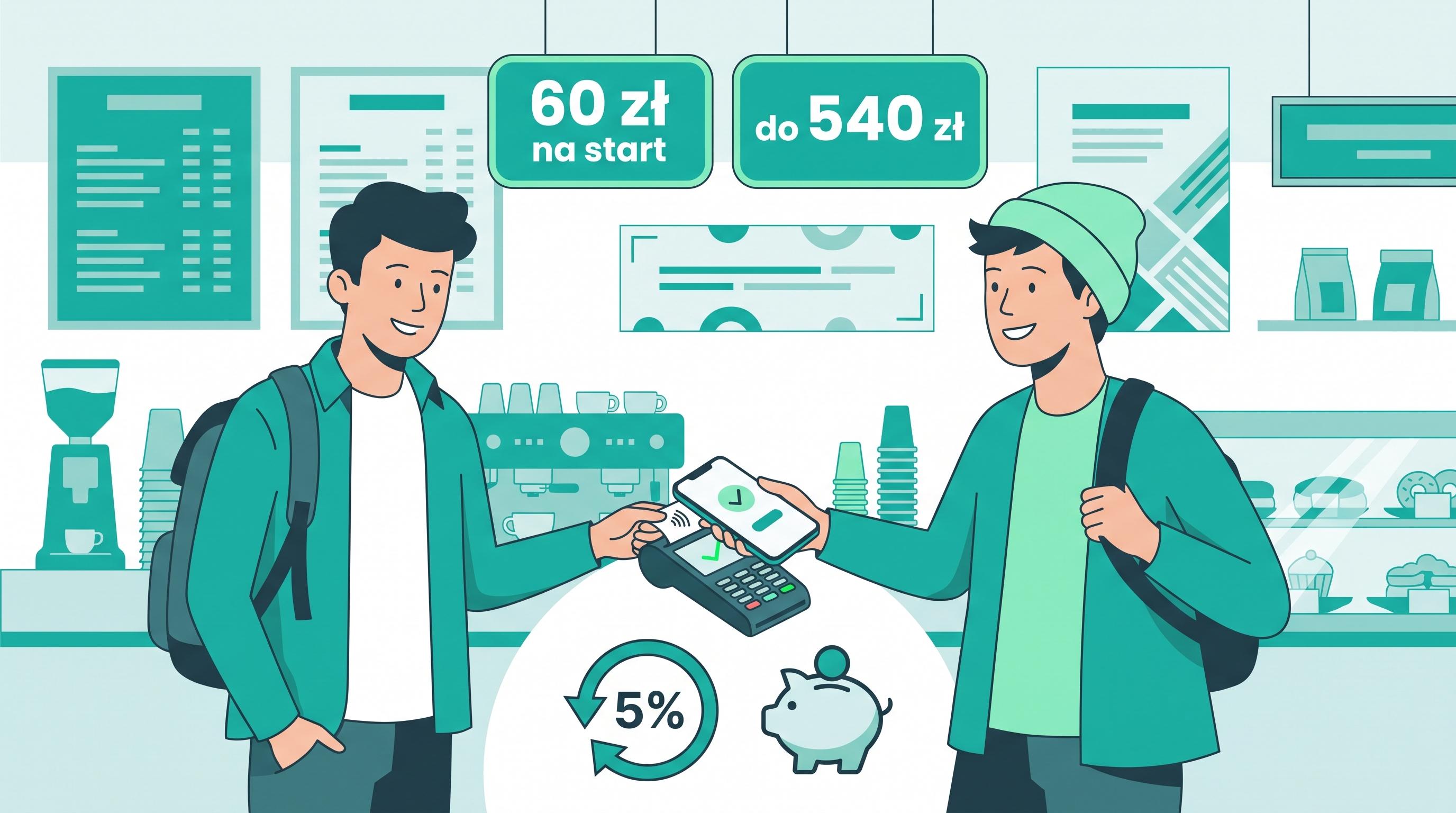 Konto dla osób 18–26 lat: 60 zł na start i do 540 zł zwrotów za płatności bezgotówkowe (5%, maksymalnie 60 zł miesięcznie).