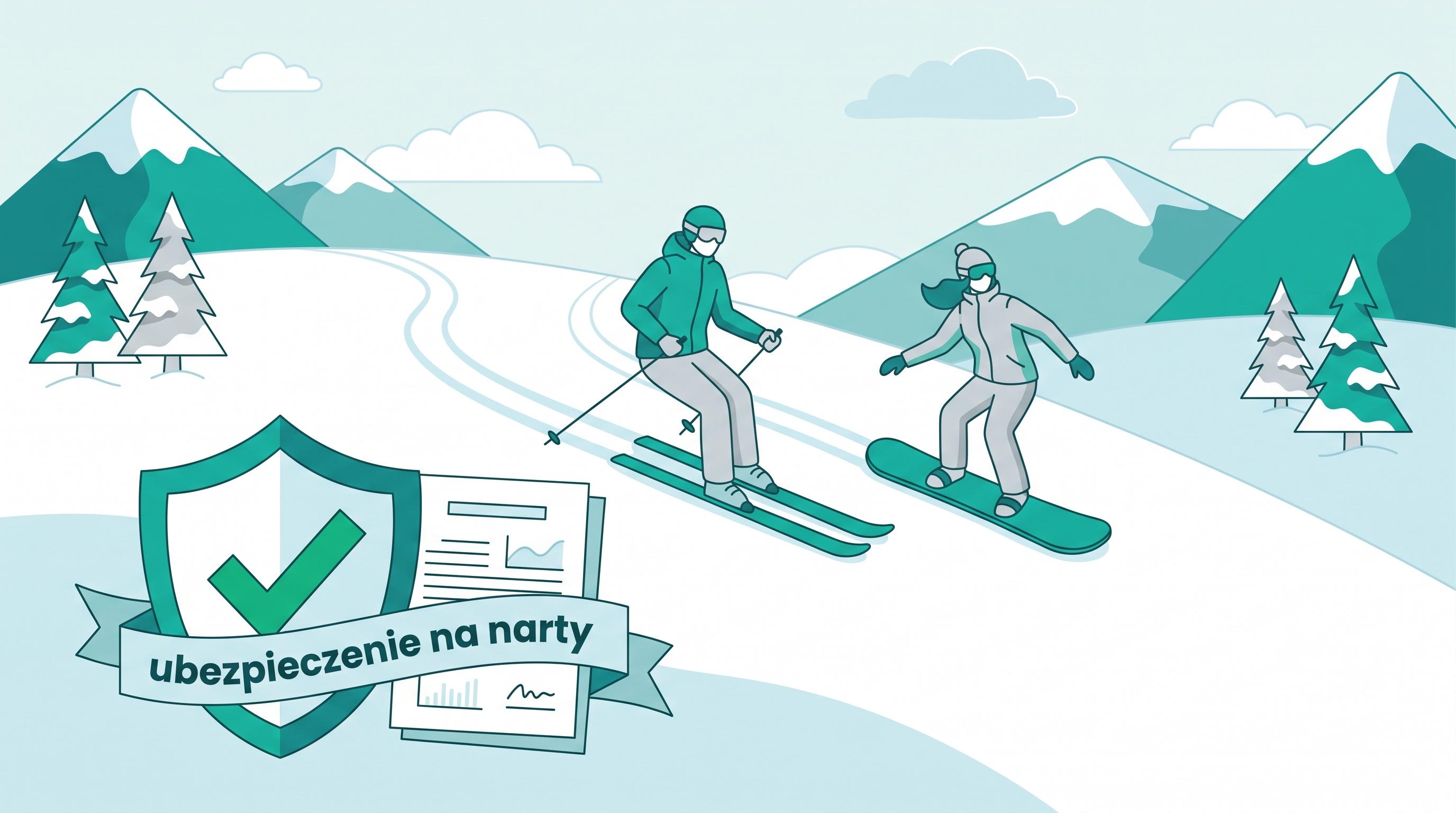 Narciarz i snowboardzista na stoku, obok tarcza ochrony i dokument polisy.