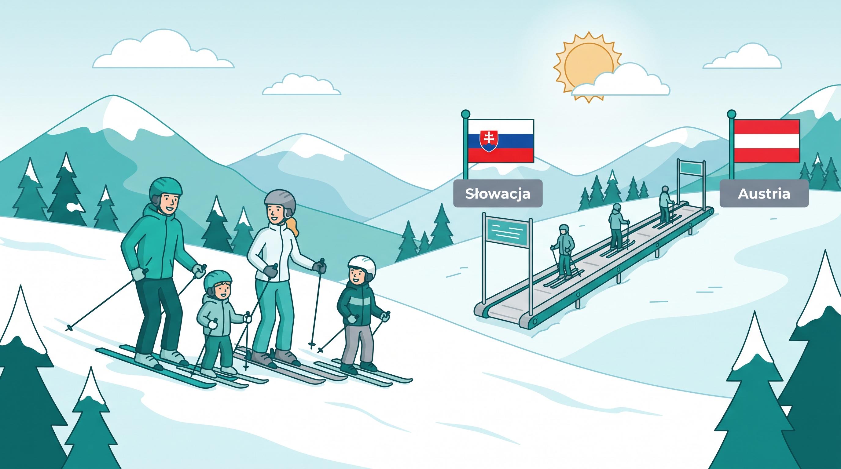 Rodzina z dwójką dzieci na stoku, obok flagi Słowacji i Austrii.