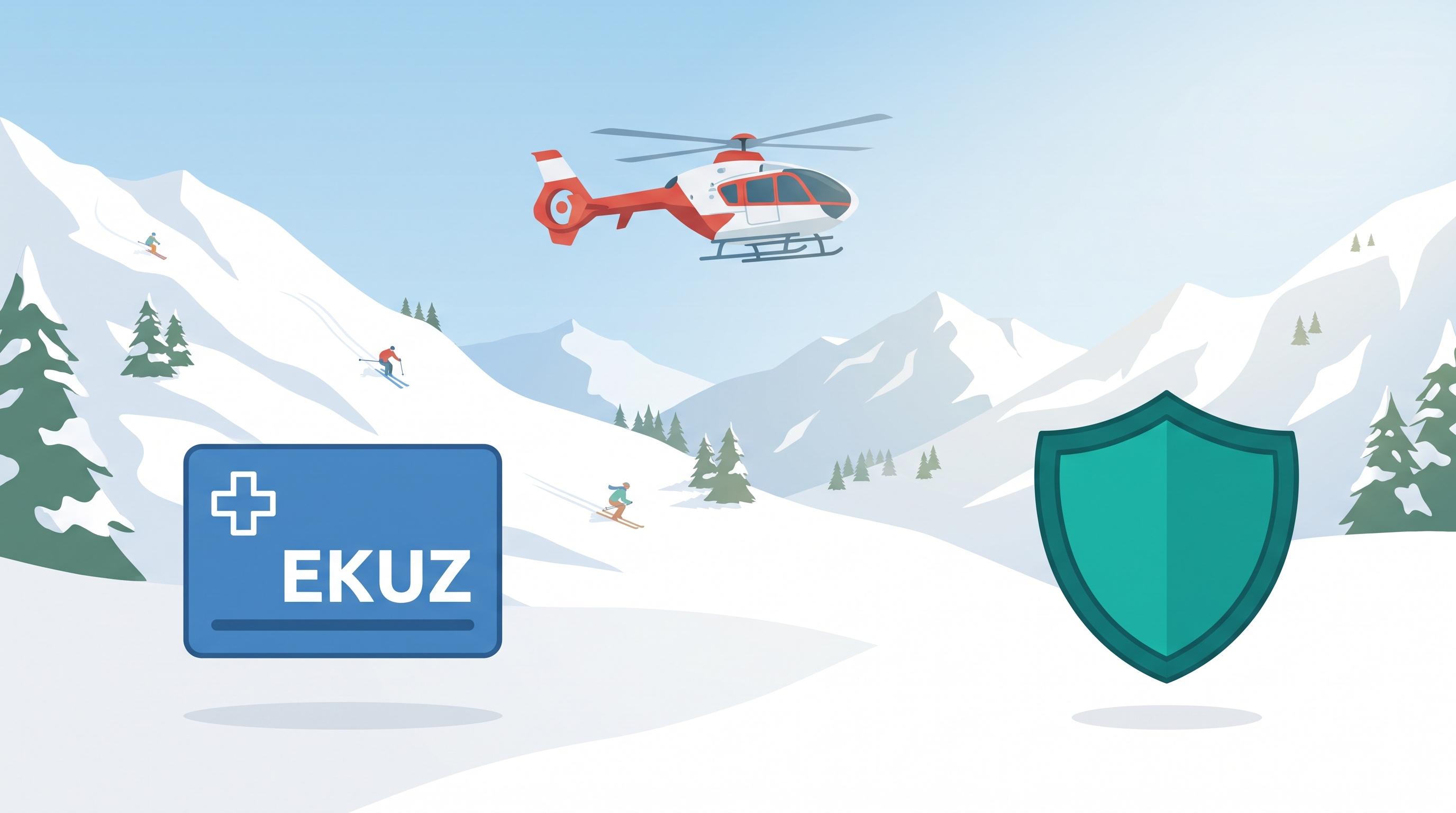 Śmigłowiec ratunkowy nad alpejskim stokiem i karta EKUZ obok polisy.