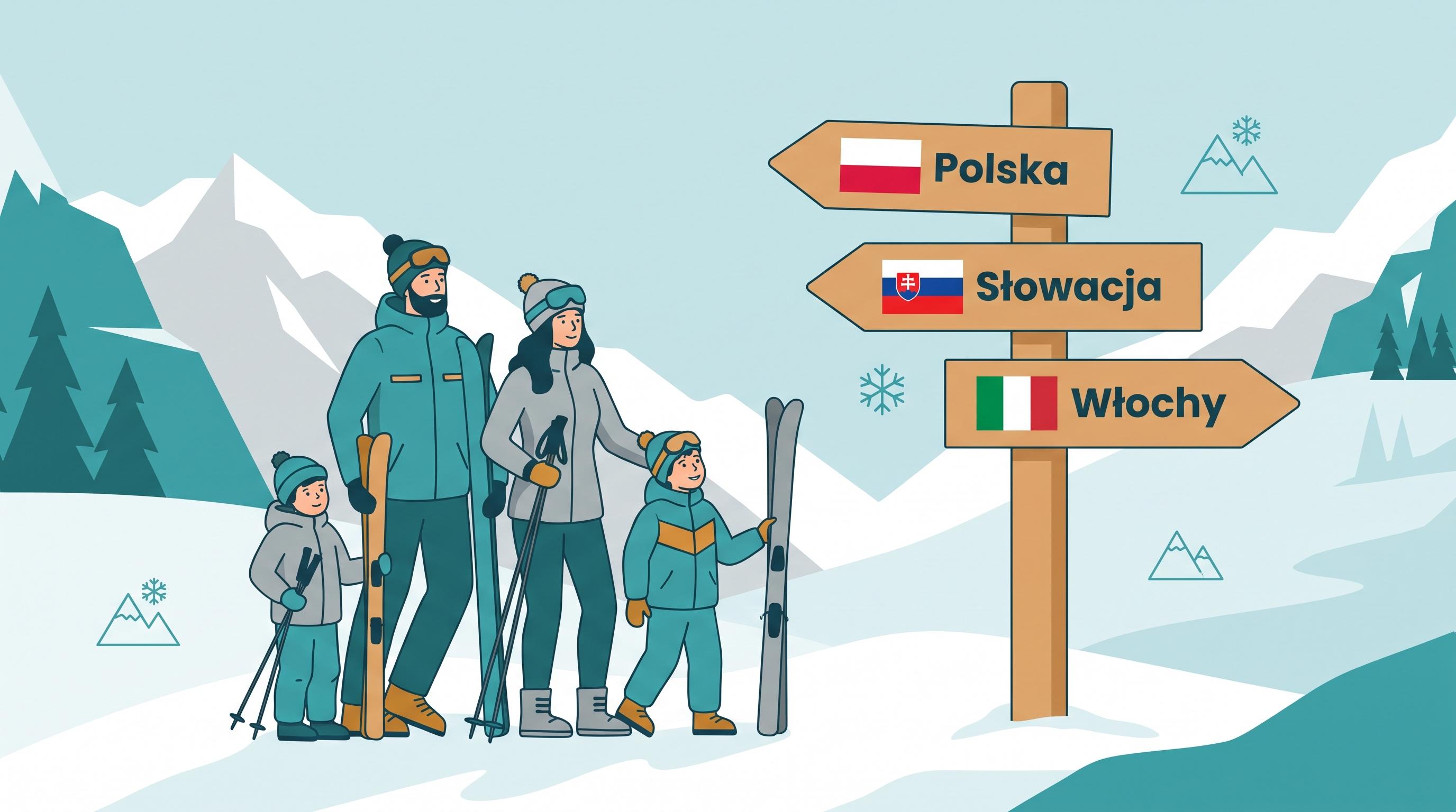 Rodzina 2+2 planuje tydzień na nartach — flagi Polski, Słowacji i Włoch.